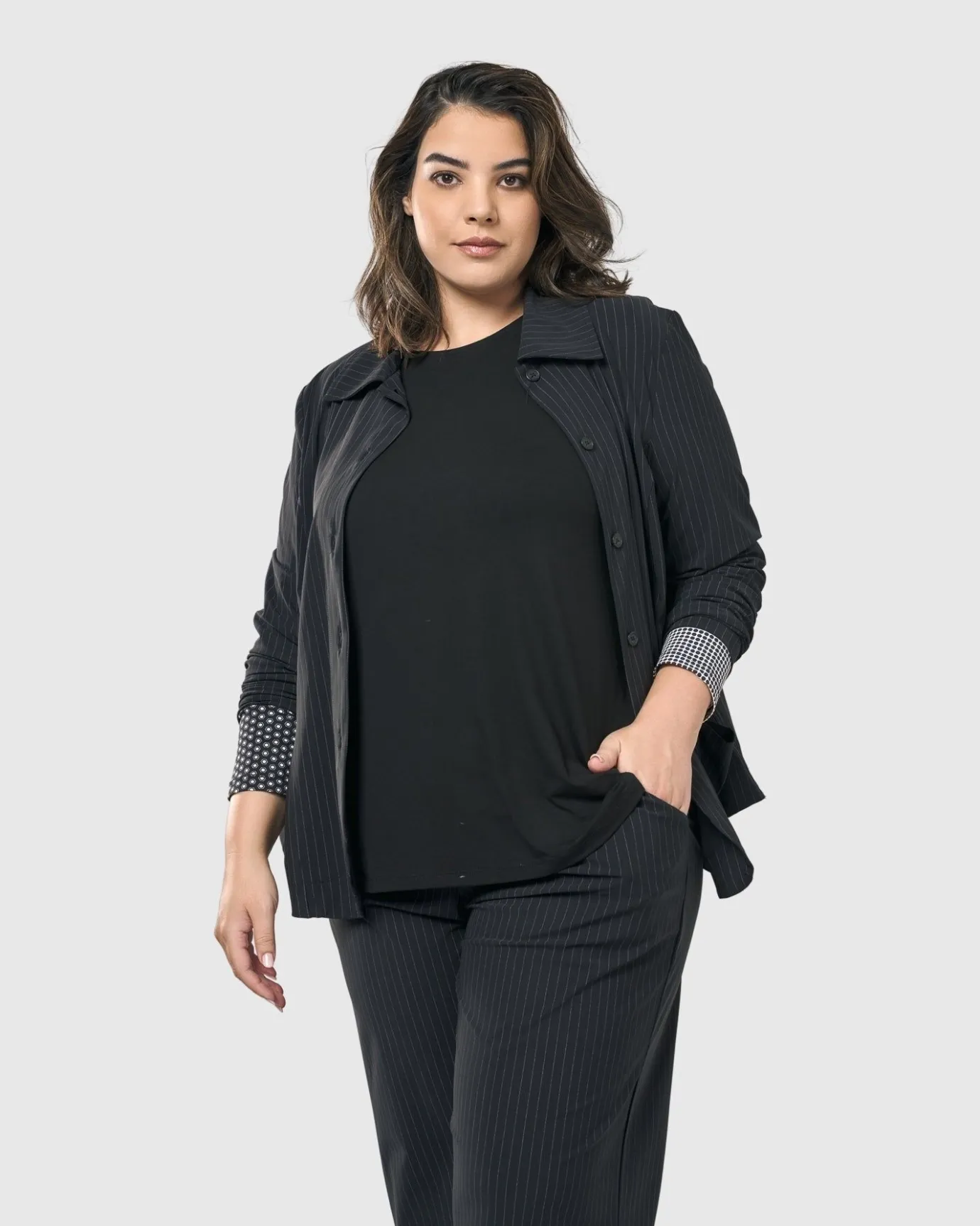 Women Alembika Plus<Audrey Shirt Jacket, Pinstripes