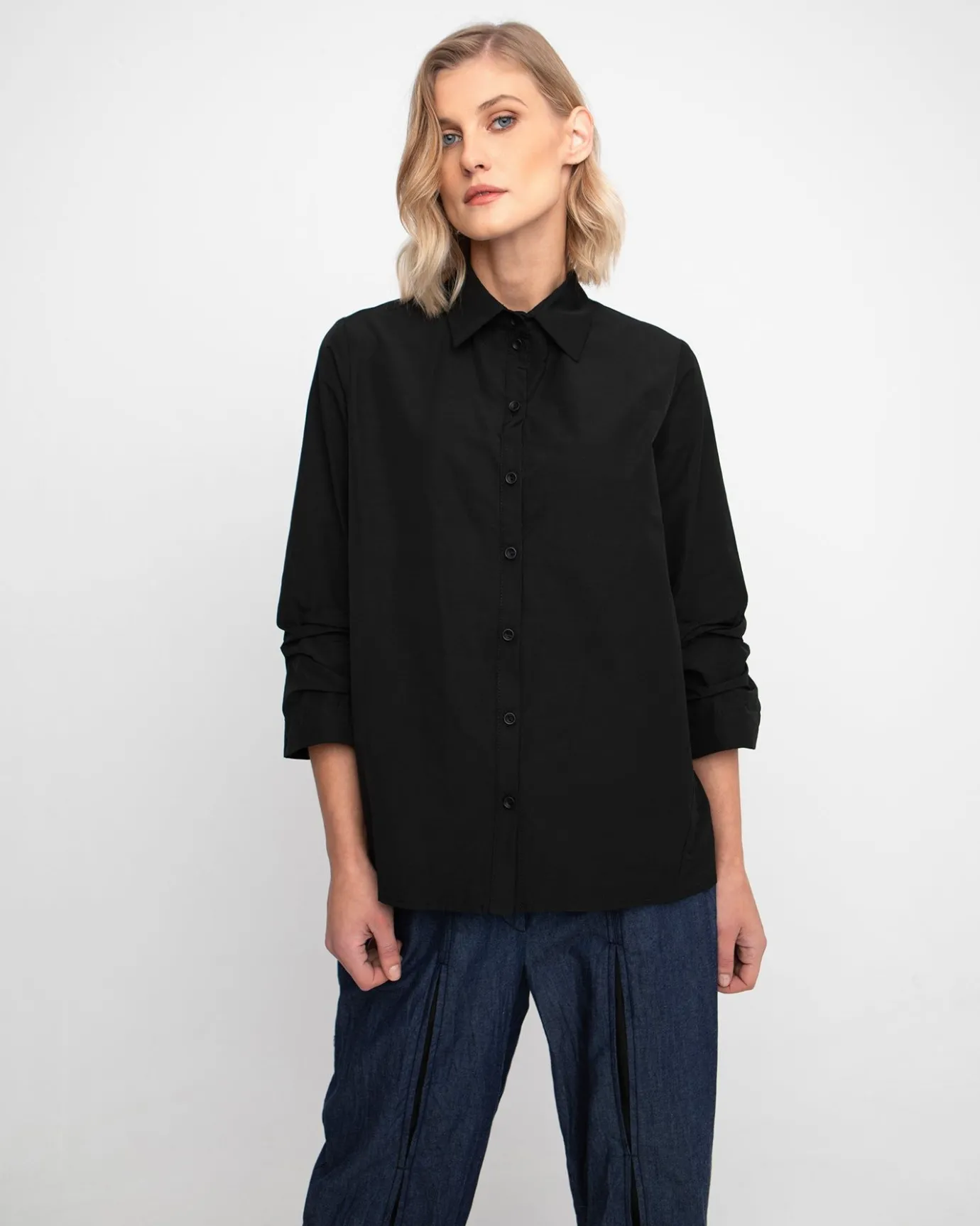 Women Alembika Tops & Tunics<Ozai N Ku Taffeta Scrunch Sleeve Shirt, Black