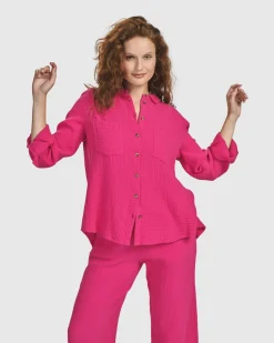 Women Alembika Plus<Recreation Button Down Top, Fuchsia